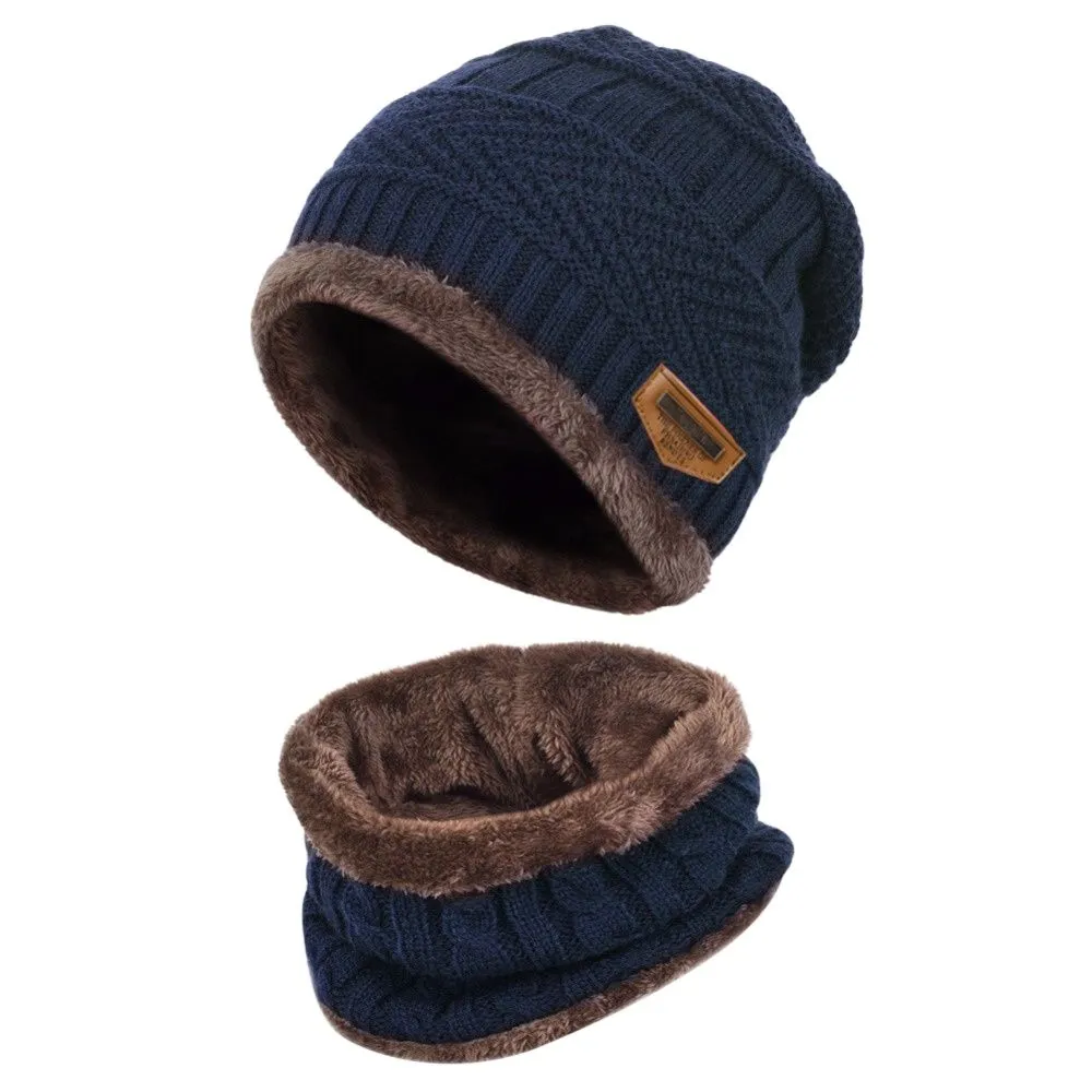 2Pcs Kids Winter Warm Knitted Hat with Scarf Set Skullies Beanies for 3-14 Years Old Boy's Children Outdoor Sport Set