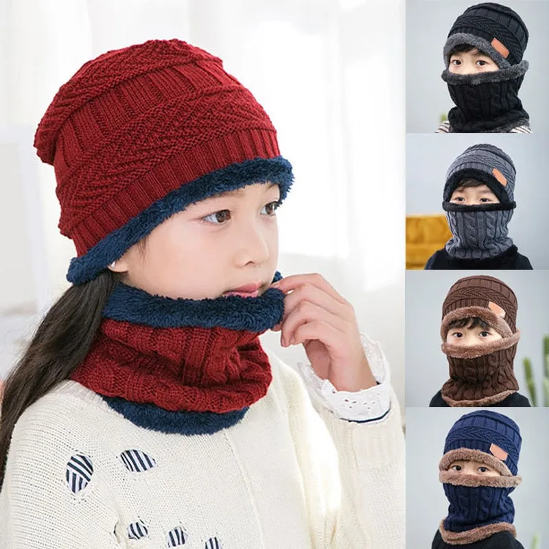 2Pcs Kids Winter Warm Knitted Hat with Scarf Set Skullies Beanies for 3-14 Years Old Boy's Children Outdoor Sport Set