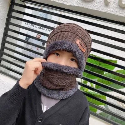 2Pcs Kids Winter Warm Knitted Hat with Scarf Set Skullies Beanies for 3-14 Years Old Boy's Children Outdoor Sport Set