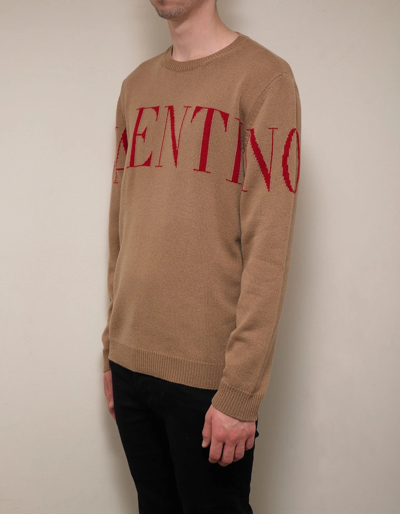 Beige Logo Intarsia Cashmere Sweater