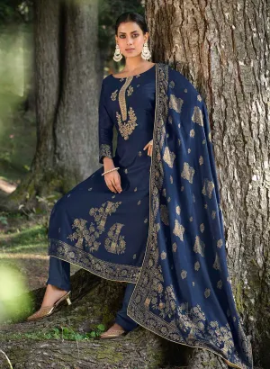 Belliza Blue Pashmina Jacquard Unstitched Winter Suit Dress Material