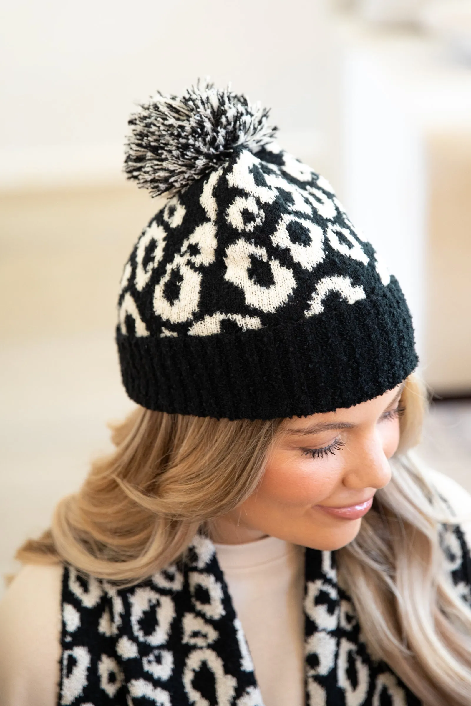 Black Animal Print Scarf and Beanie Set