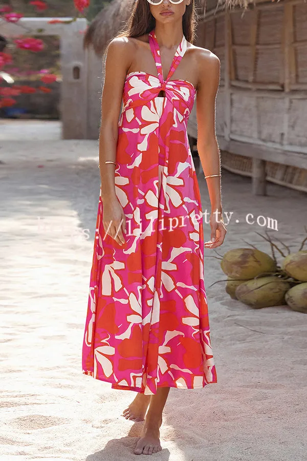 Bohemian Printed Gathered Halterneck Maxi Dress