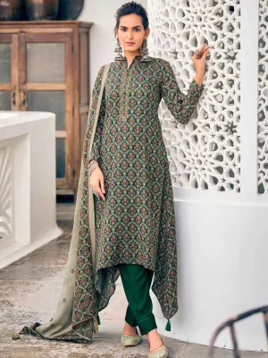 Green Unstitched Pashmina Embroidered Winter Suit Dress Material