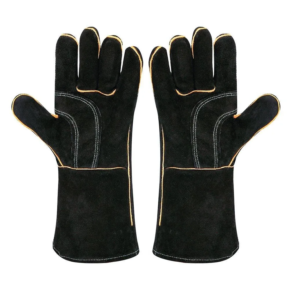 Leather Barbecue Gloves by LeaSeek - Heat Resistant and Flame Retardant Welding Gloves and Fireplace Gloves and Grill Gloves and BBQ Gloves, Heavy duty, Black - 14 &quot;