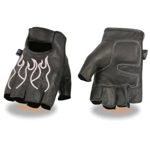 Milwaukee Leather SH198 Women's Black Leather Gel Padded Palm Fingerless Motorcycle Hand Gloves W/ ‘Pink Flame Embroidered’