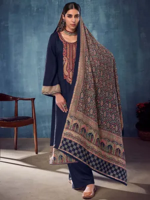 Navy Blue Pashmina Twill Embroidered Unstitched Winter Suits for Women