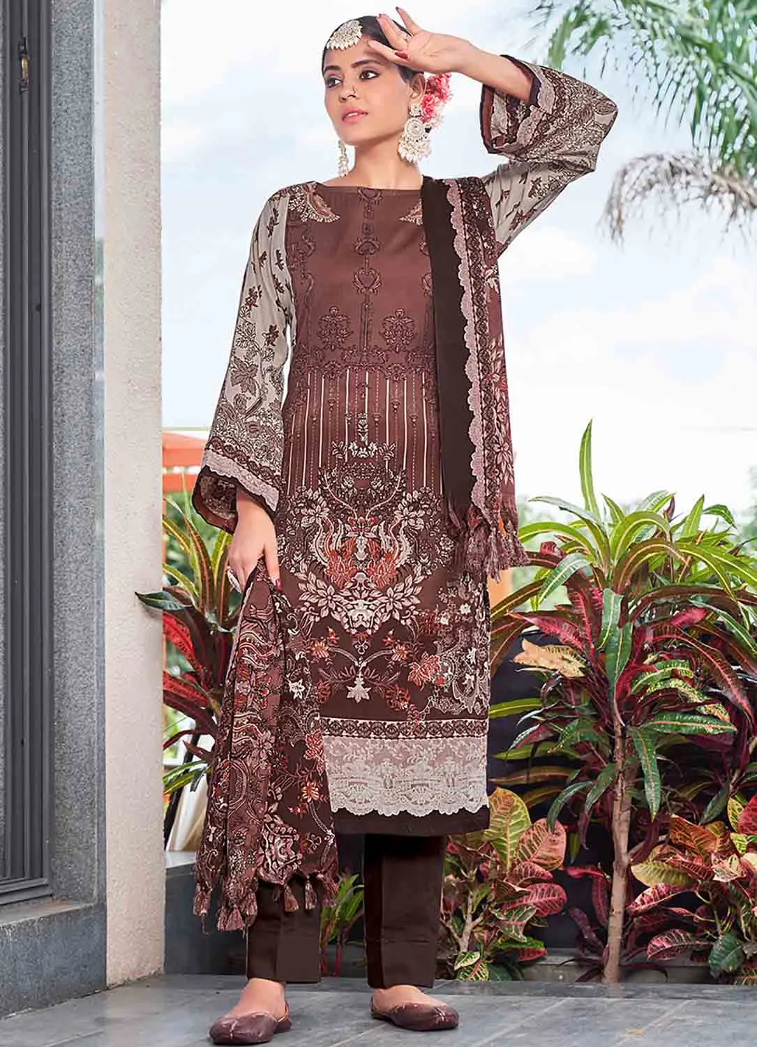 Pakistani Print Brown Pashmina Winter Suit Dress Material for Ladies