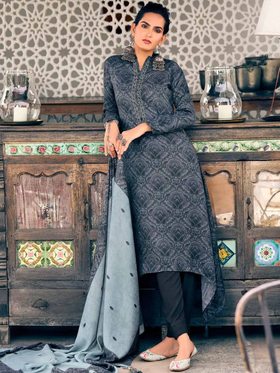 Pashmina Embroidered Dark Grey Unstitched Winter Ladies Suits Set