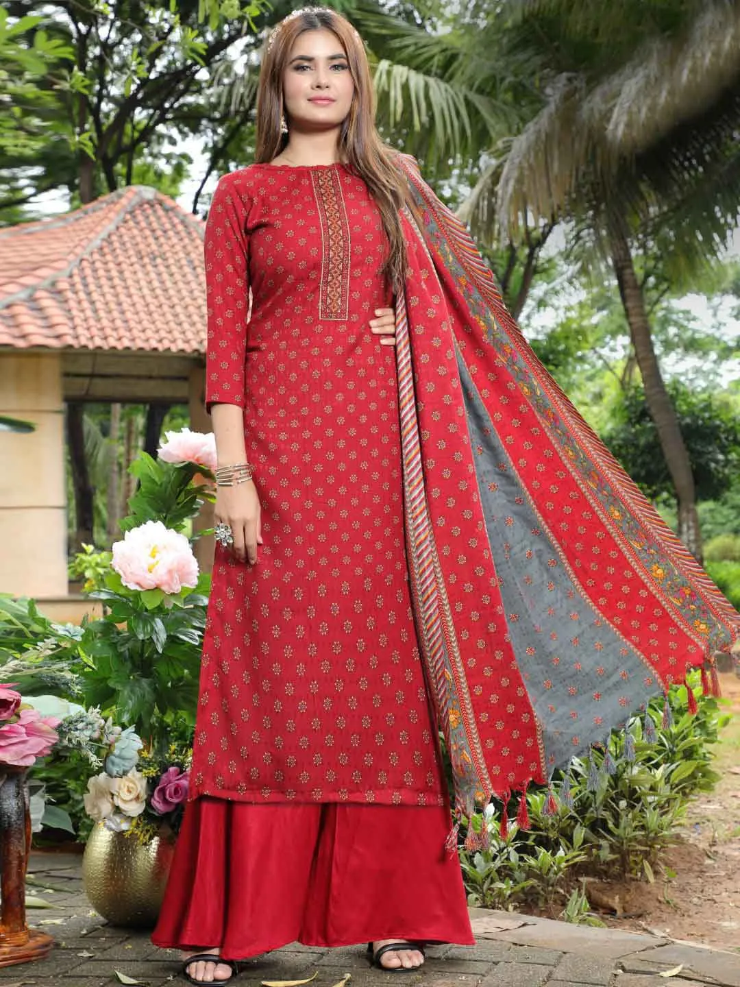 Pashmina Embroidered Red Unstitched Winter Ladies Suits