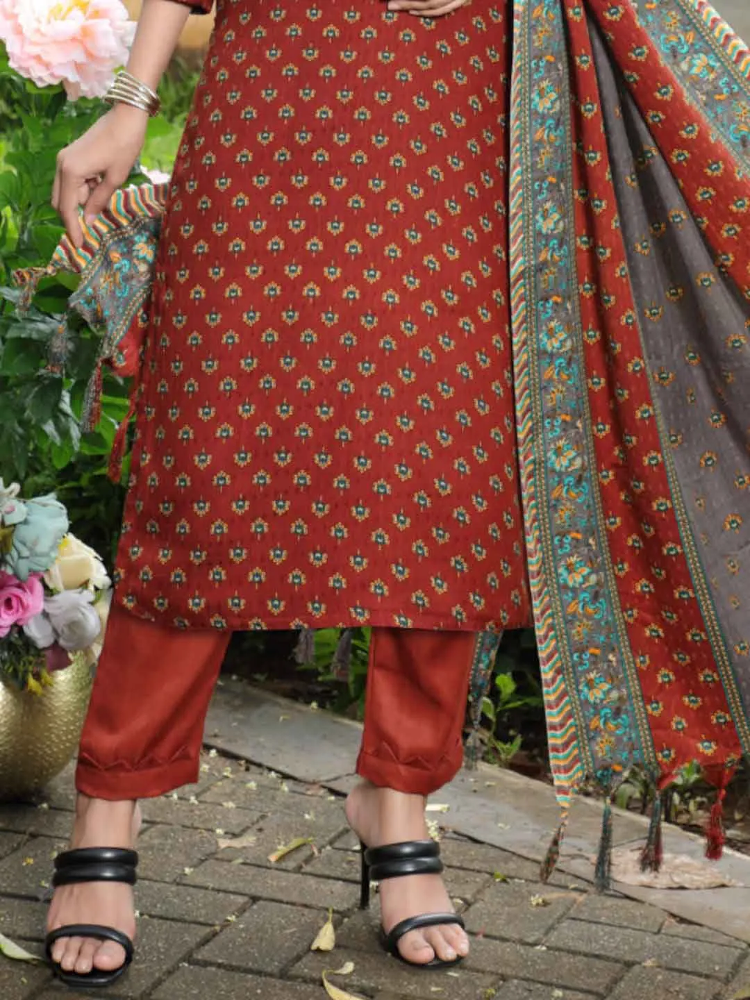 Pashmina Embroidered Rust Red Unstitched Winter Ladies Suits