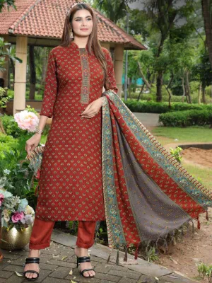 Pashmina Embroidered Rust Red Unstitched Winter Ladies Suits