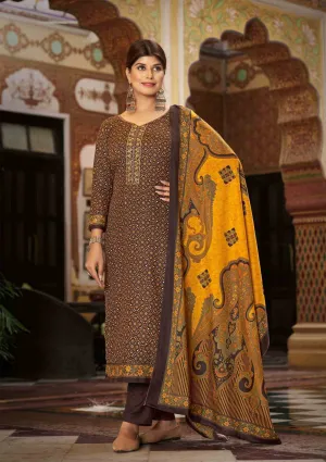 Pashmina Spun Unstitched Coffee Brown Winter Salwar Suits