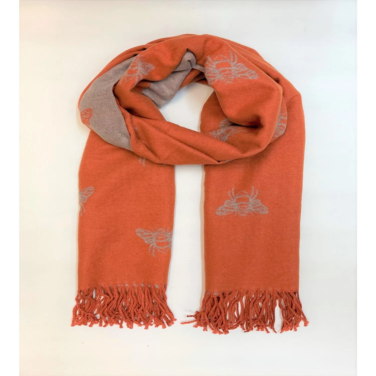 Reversible Orange/Grey Bee Print Scarf