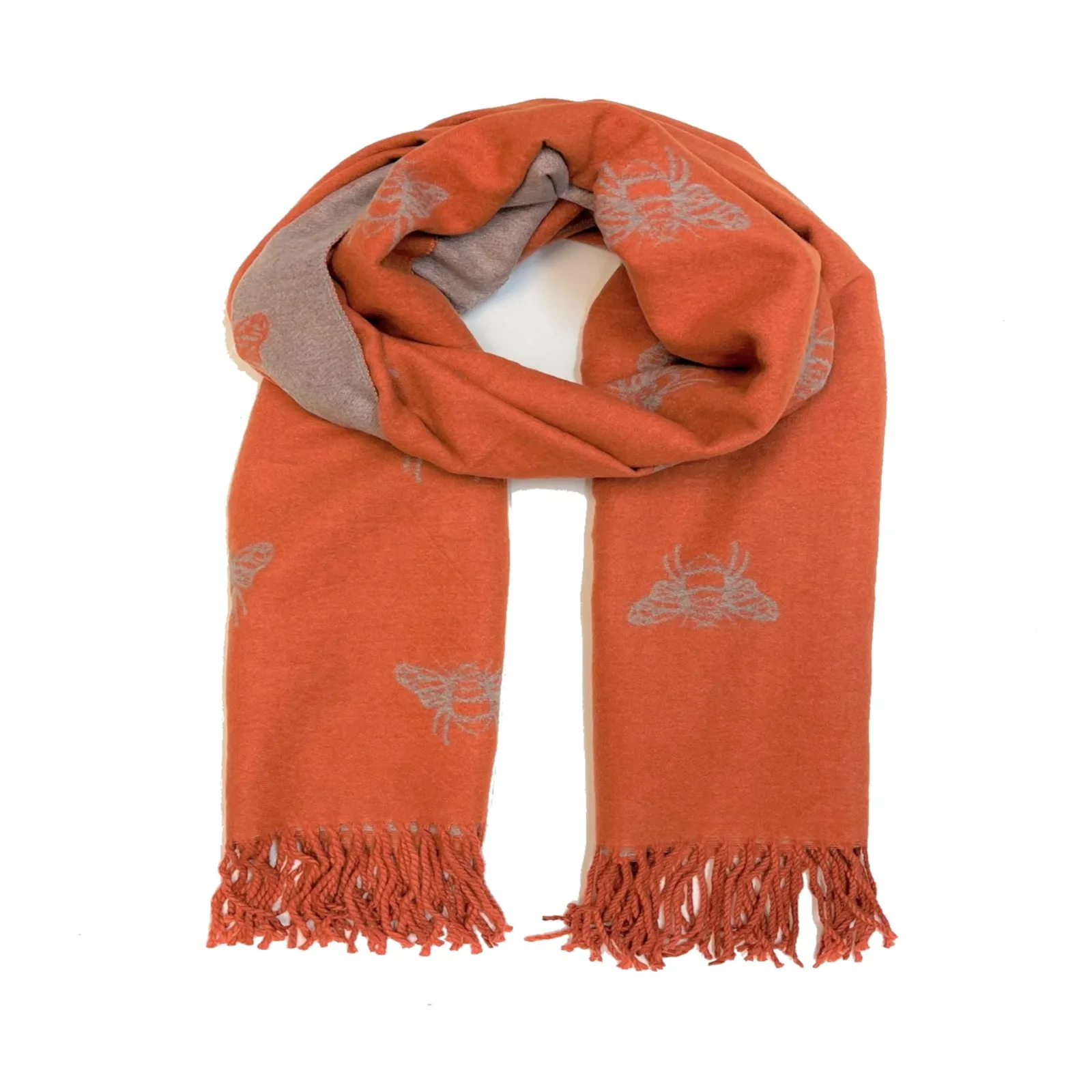 Reversible Orange/Grey Bee Print Scarf